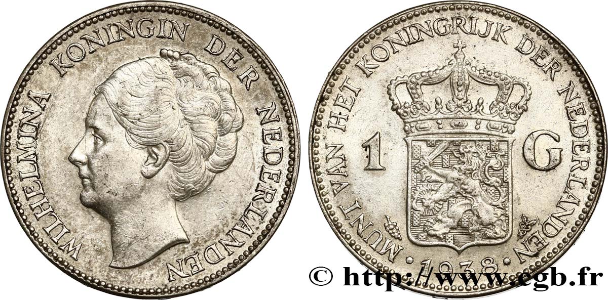 NIEDERLANDE 1 Gulden Wilhelmina 1938  VZ 