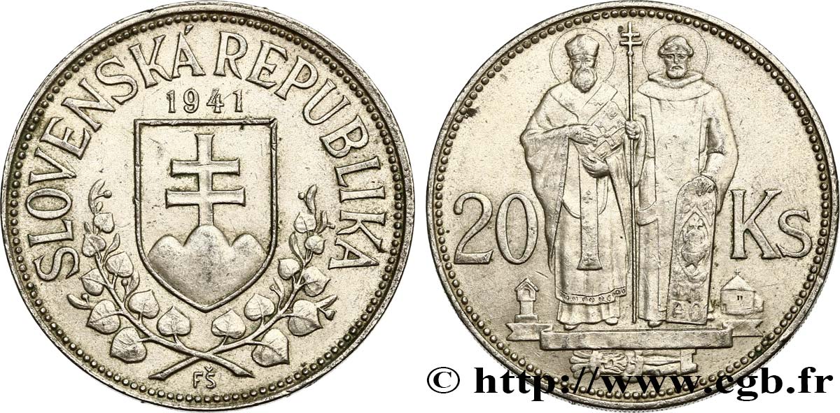 ESLOVAQUIA 20 Korun St Cyril et St Méthode variété avec croix à simple barre 1941  EBC 