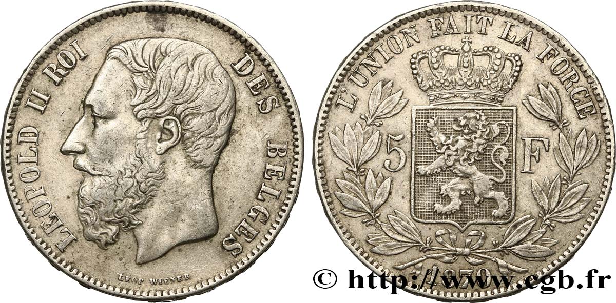 BELGIUM 5 Francs Léopold II 1870  XF 