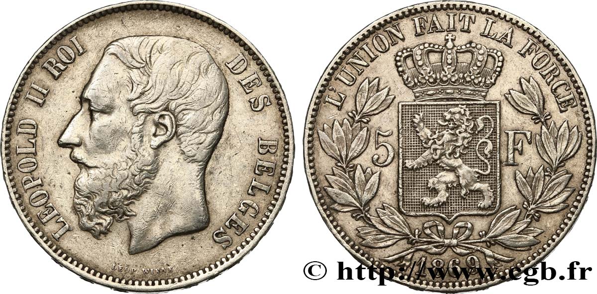 BELGIO 5 Francs Léopold II 1869  BB 