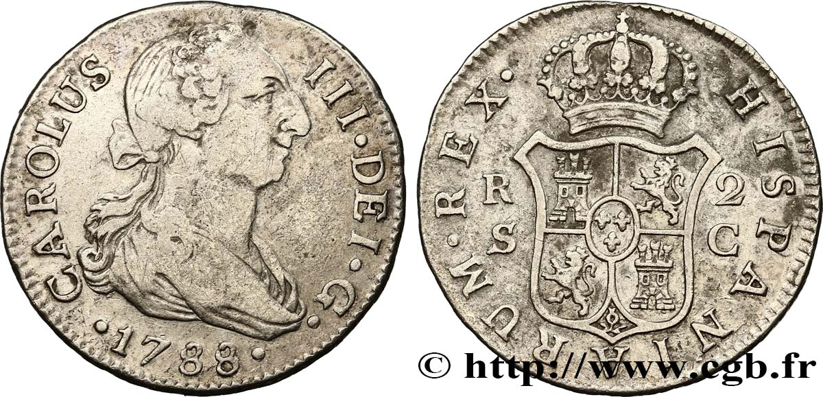 ESPAGNE 2 Reales Charles III 1788 Séville TB+ 