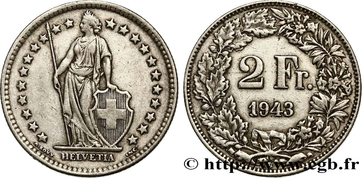 SUISSE 2 Francs Helvetia 1943 Berne TTB 