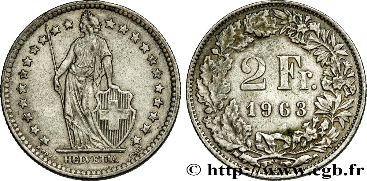 SUISSE 2 Francs Helvetia 1963 Berne SUP 