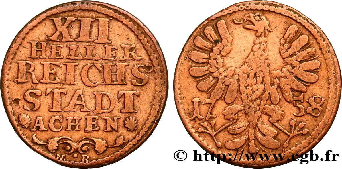 GERMANY - AACHEN 12 (XII) Heller ville de Aachen aigle 1758  VF 
