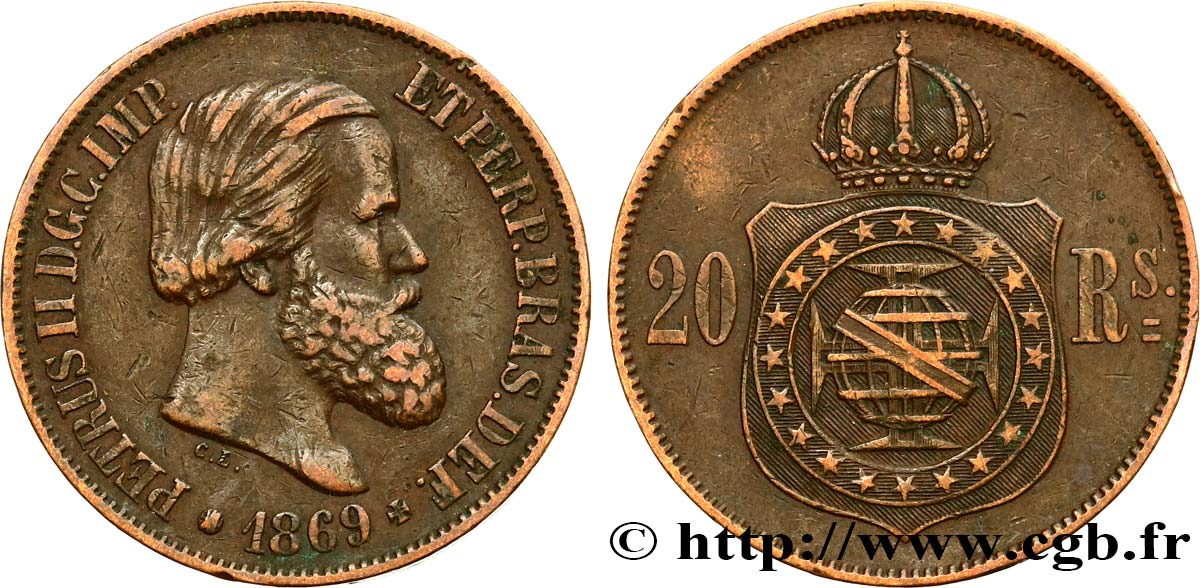 BRAZIL 20 Réis Empereur Pierre II 1869  XF 