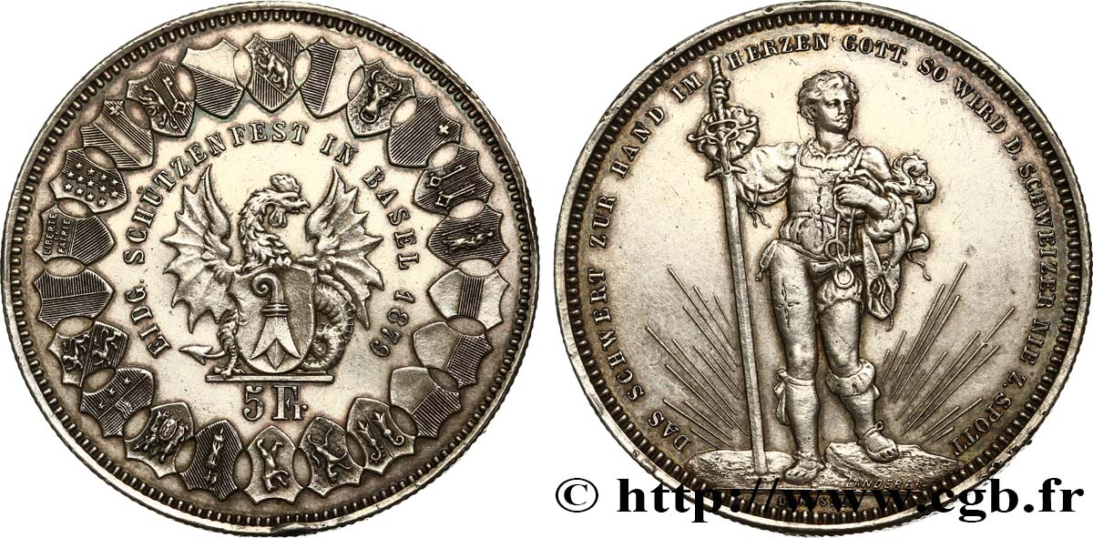 SUIZA 5 Francs, monnaie de Tir, Bâle 1879  EBC 