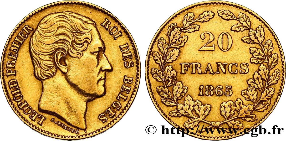 BELGIO 20 Francs Léopold Ier 1865 Bruxelles q.SPL 