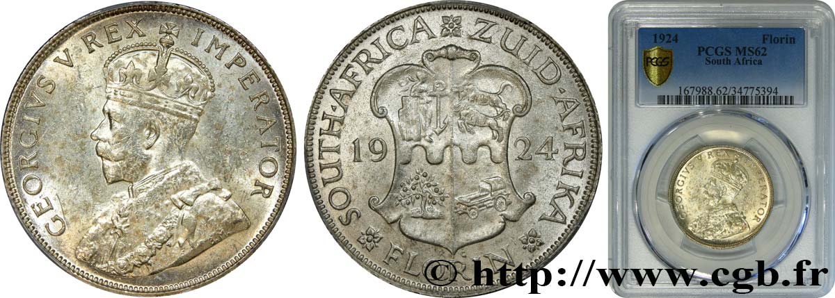 SOUTH AFRICA - UNION OF SOUTH AFRICA - GEORGE V 1 Florin 1924  MS62 PCGS