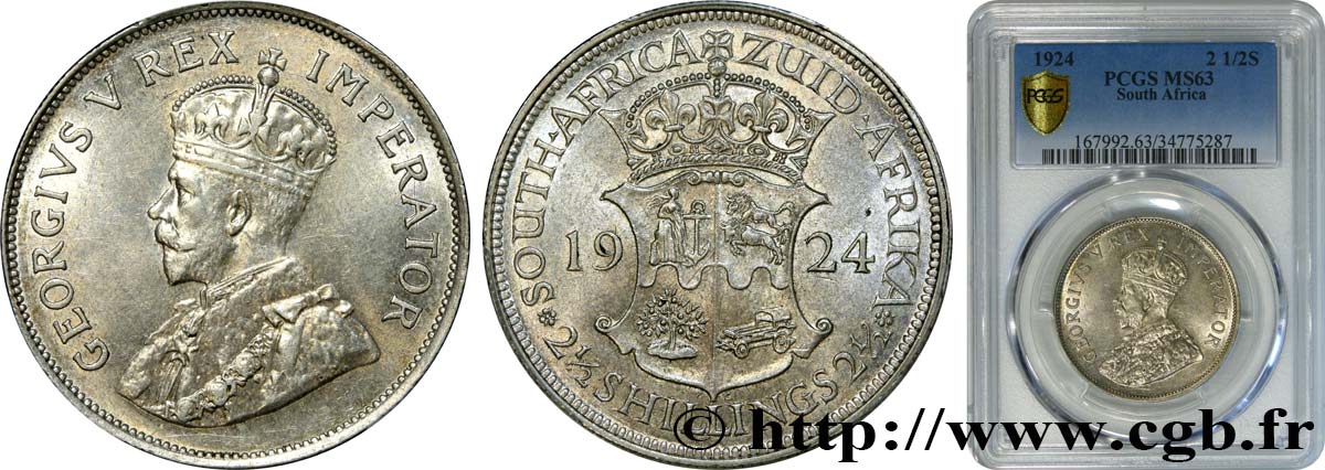 SOUTH AFRICA - UNION OF SOUTH AFRICA - GEORGE V 2 1/2 Shilling 1924  MS63 PCGS