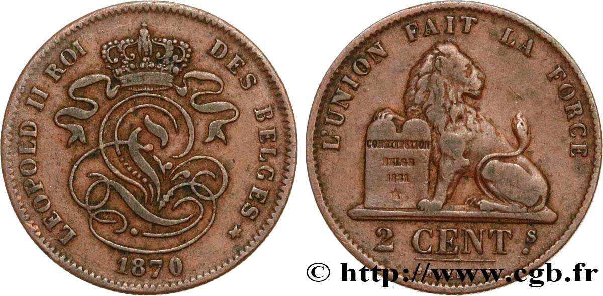 BELGIUM 2 Centimes lion monogramme de Léopold II 1870  XF 