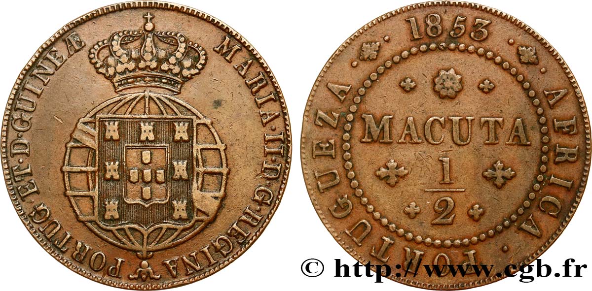 ANGOLA 1/2 Macuta frappe au nom de Marie II (Maria) reine du portugal  1853  XF 