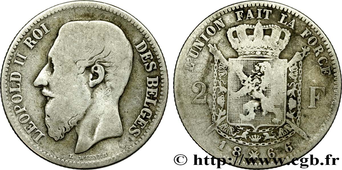 BELGIQUE 2 Francs Léopold II légende française 1866  TB
 