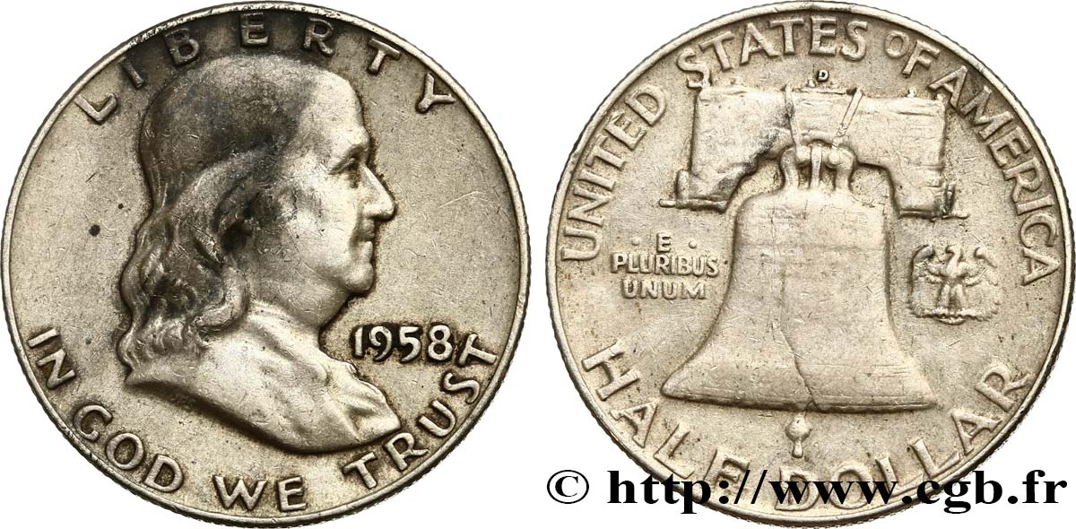 ÉTATS-UNIS D AMÉRIQUE 1/2 Dollar Benjamin Franklin 1958 Denver TB+ 