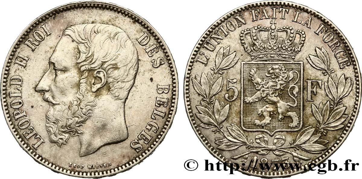 BELGIQUE 5 Francs Léopold II 1873  TB+ 