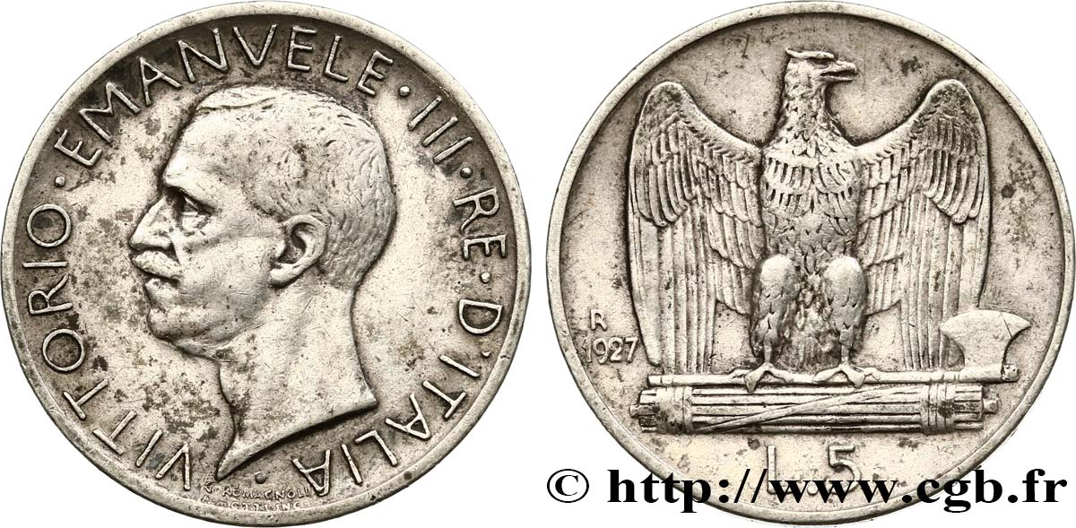 ITALY 5 Lire Victor Emmanuel III 1927 Rome  AU 