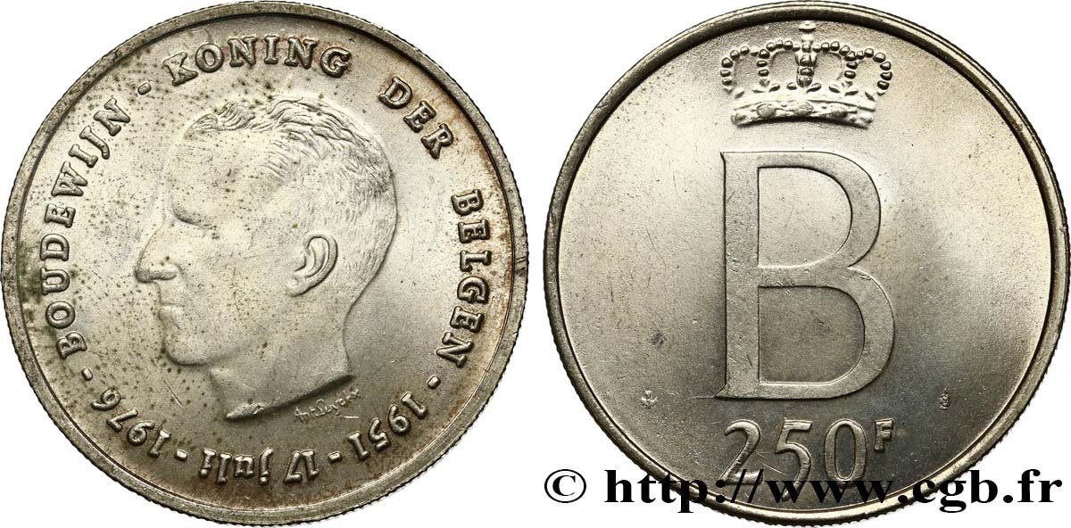 BELGIQUE 250 Francs jubilé d’argent du roi Baudouin légende flamande 1976 Bruxelles SUP 