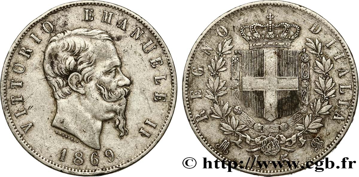 ITALIE 5 Lire Victor Emmanuel II 1869 Milan TB+ 