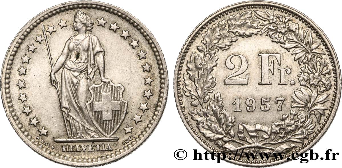 SWITZERLAND 2 Francs Helvetia 1957 Berne AU 