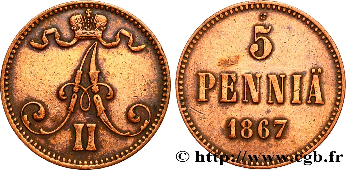 FINLAND 5 Pennia monogramme Tsar Alexandre III 1867  XF 