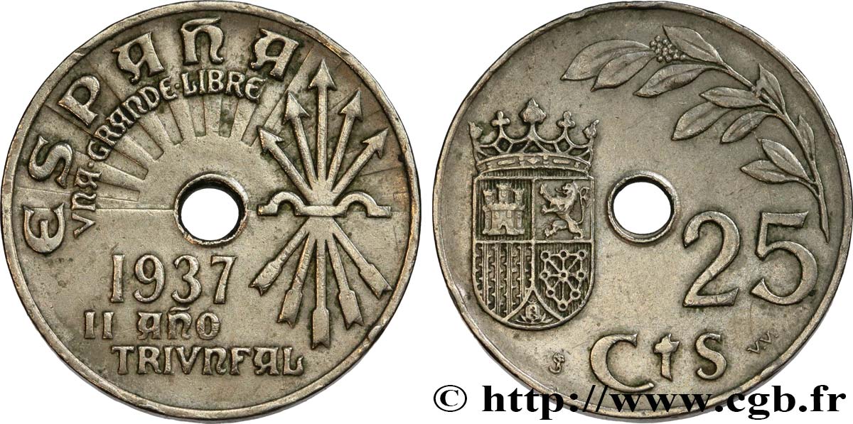 ESPAGNE 25 Centimos monnayage nationaliste 1937 Vienne SUP 