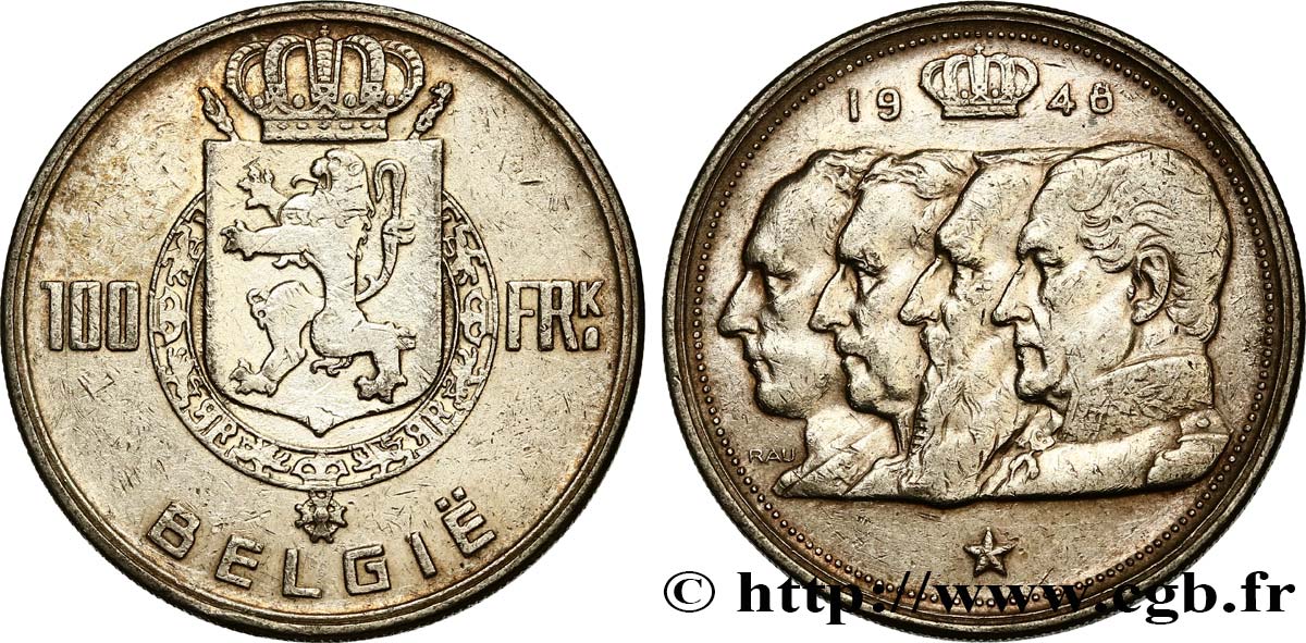 BELGIUM 100 Francs bustes des quatre rois de Belgique, légende flamande 1948  VF 