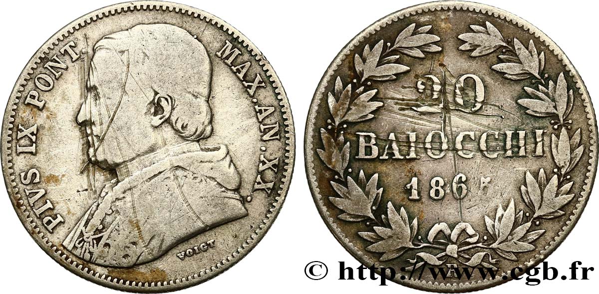 VATICAN ET ÉTATS PONTIFICAUX 20 Baiocchi Pie IX an XX 1865 Rome B 