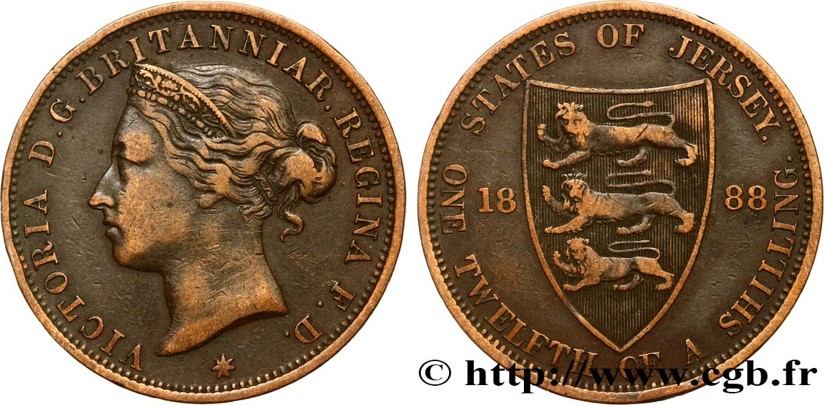 JERSEY 1/12 Shilling Reine Victoria / armes du Baillage de Jersey 1888  TB+ 