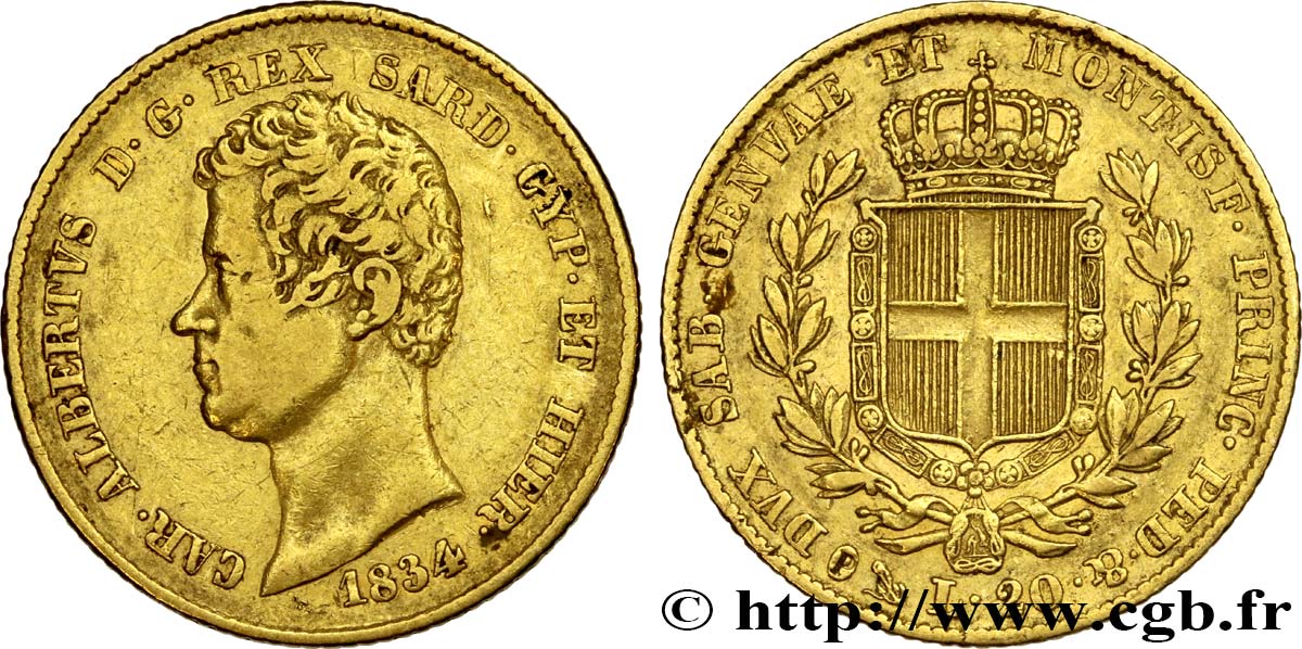 ITALY - KINGDOM OF SARDINIA 20 Lire Charles-Albert 1834 Gênes VF 