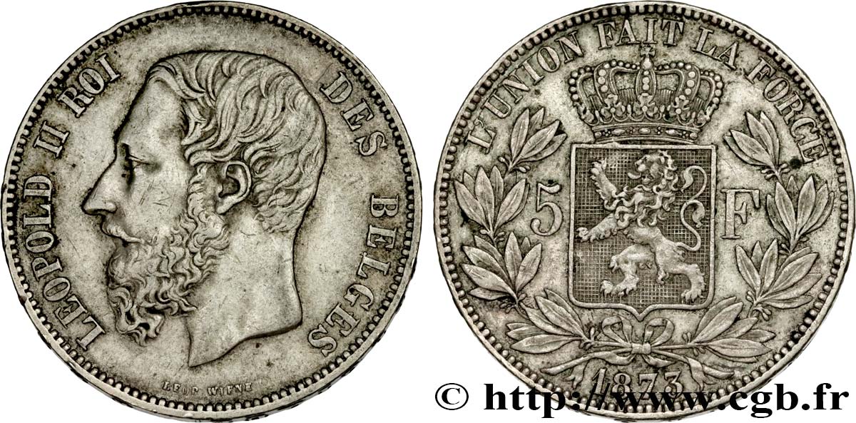 BELGIQUE 5 Francs Léopold II 1873  TTB 