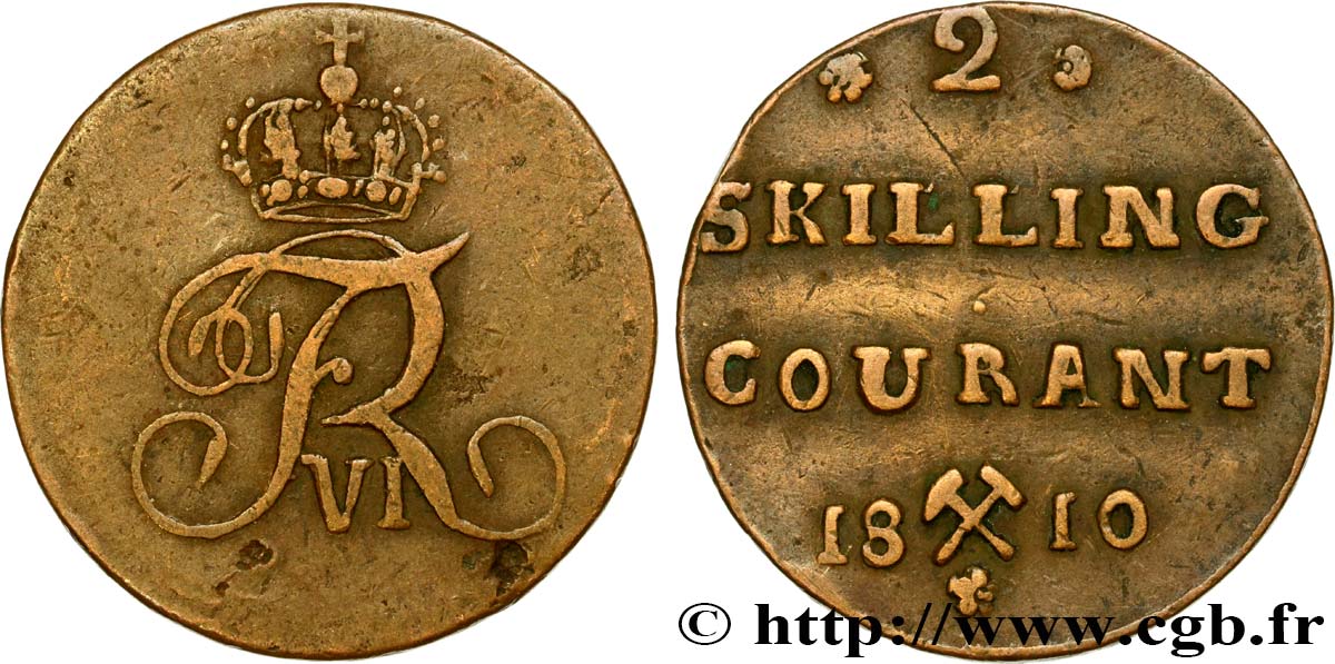 NORWEGEN 2 Skilling monogramme de Frédéric VI roi du Danemark variété avec fleurettes à 5 pétales 1810 Kongsberg fSS 