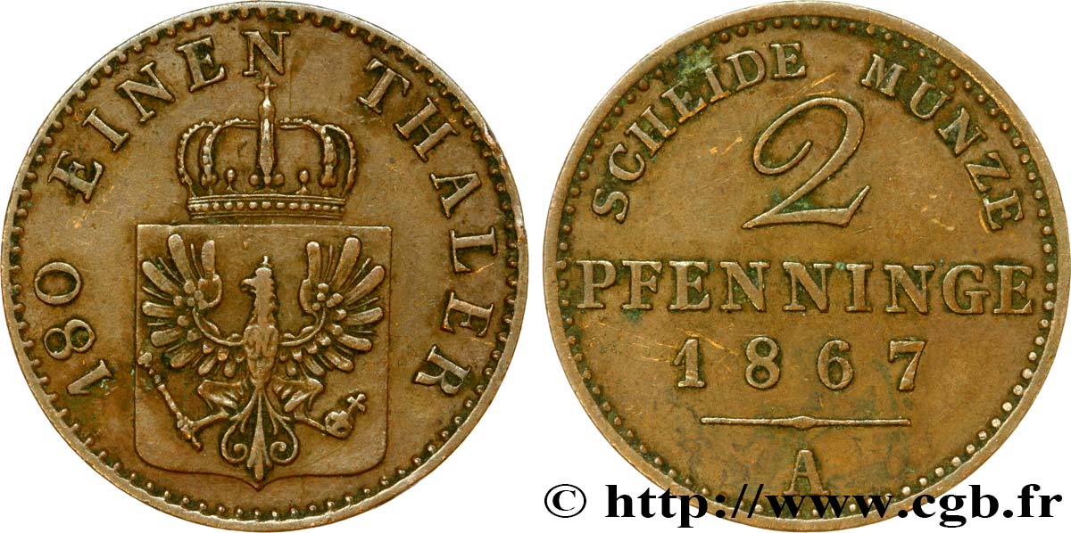 GERMANY - PRUSSIA 2 Pfenninge Royaume de Prusse écu à l’aigle 1867 Berlin -  A AU 