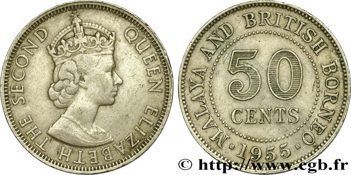 MALAISIE et BORNEO BRITANNIQUE 50 Cents Elisabeth II 1955 Heaton TTB 