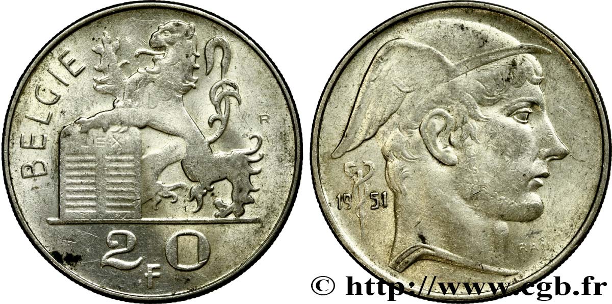 BELGIUM 20 Francs Mercure, légende flamande 1951  XF 