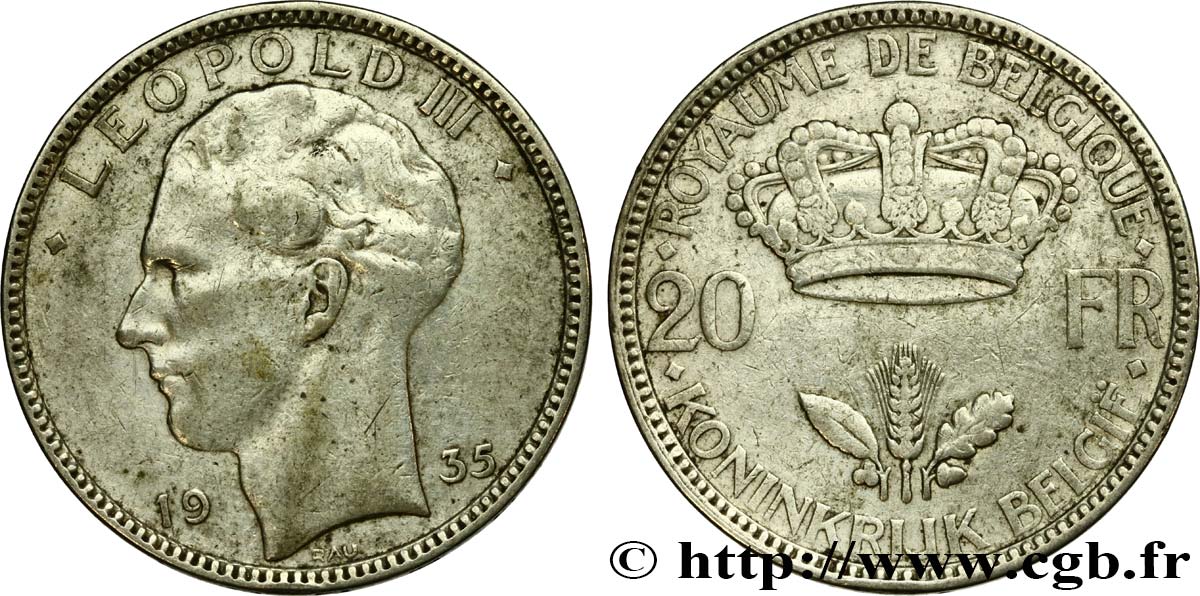 BELGIQUE 20 Francs Léopold III position A 1935  TTB 