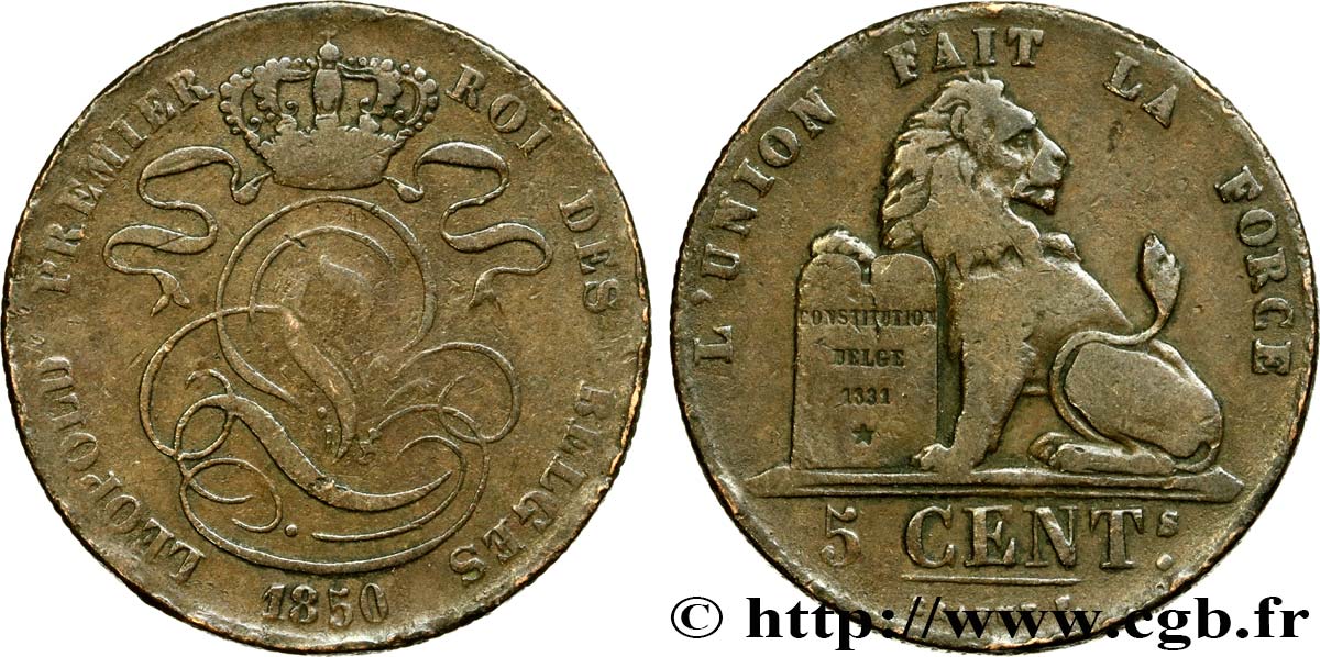BELGIUM 5 Centimes monograme de Léopold couronné / lion 1850  VF 