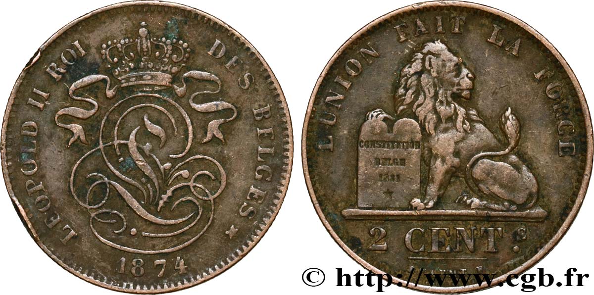 BÉLGICA 2 Centimes lion monogramme de Léopold II 1874  BC+ 