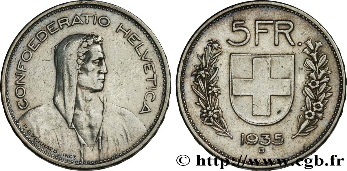 SUISSE 5 Francs Berger des Alpes 1935 Berne TTB 