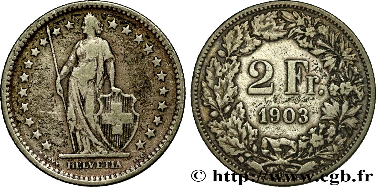 SUISSE 2 Francs Helvetia 1903 Berne - B TB 