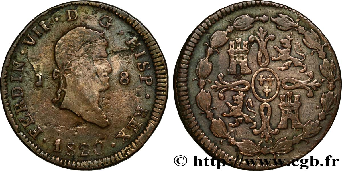 ESPAGNE 8 Maravedis Ferdinand VII 1820 Jubia TB 