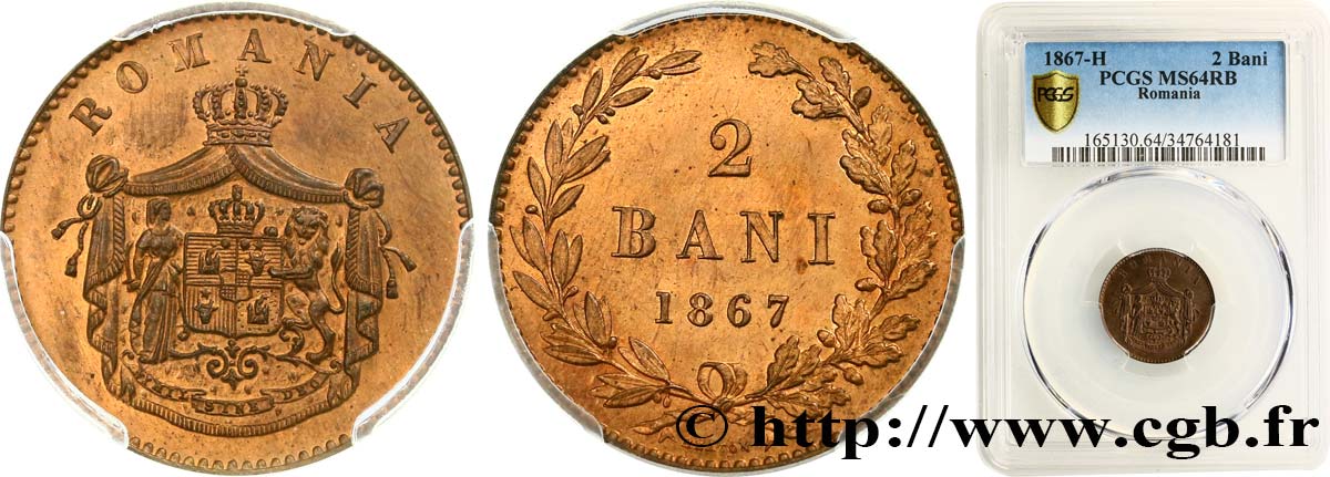 ROMANIA - CHARLES I 2 Bani 1867 Heaton MS64 PCGS