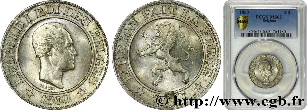 BELGIEN 20 Centimes Léopold Ier 1860  ST65 PCGS
