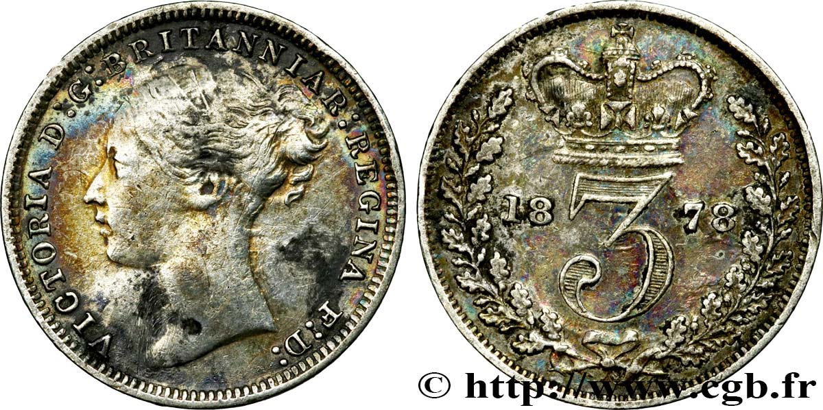 ROYAUME-UNI 3 Pence Victoria “Bun Head” 1878  TTB 