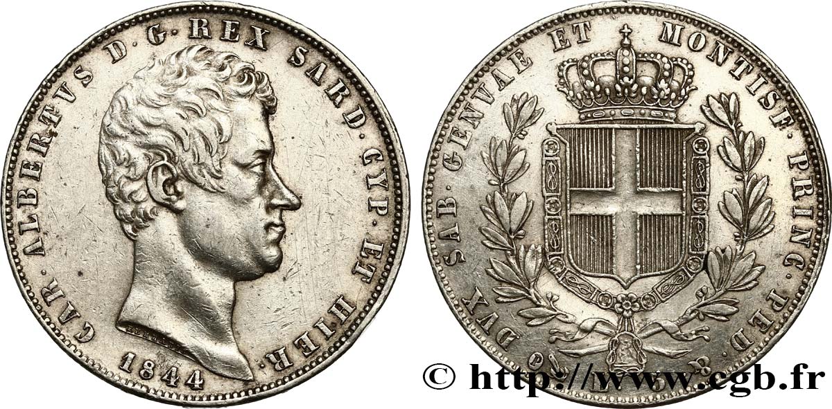 ITALY - KINGDOM OF SARDINIA 5 Lire Charles-Albert 1844 Gênes AU 