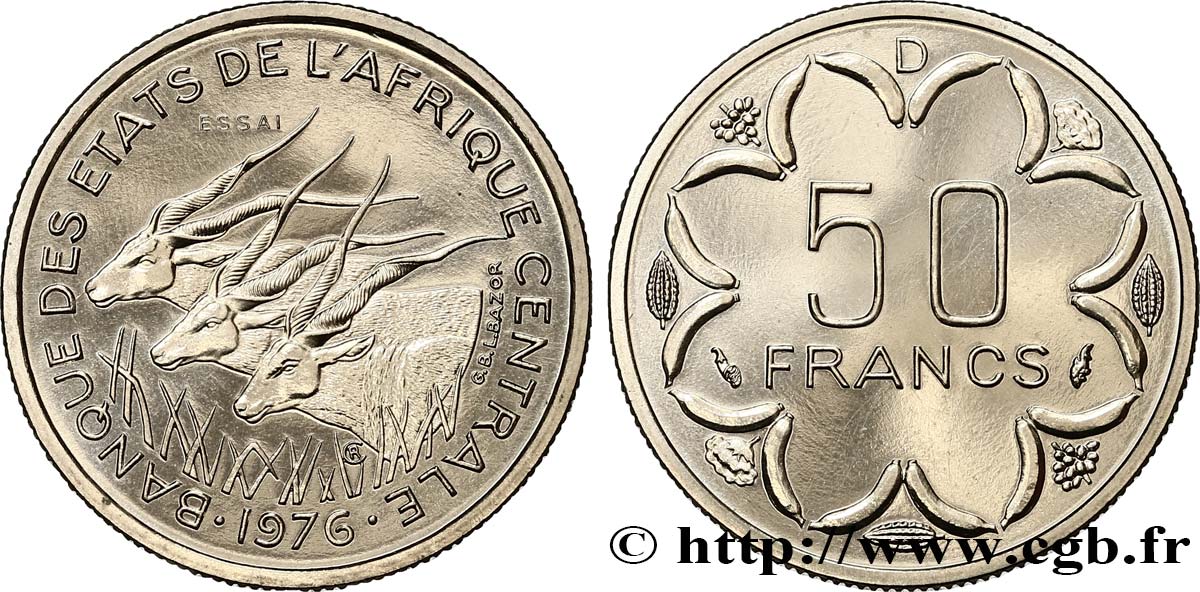ESTADOS DE ÁFRICA CENTRAL
 Essai de 50 Francs antilopes lettre ‘D’ Gabon 1976 Paris SC 