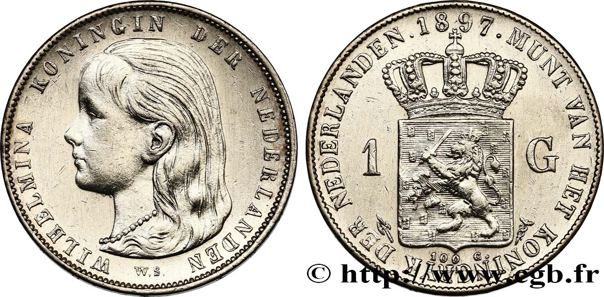 NETHERLANDS 1 Gulden Wilhelmina 1897  AU 
