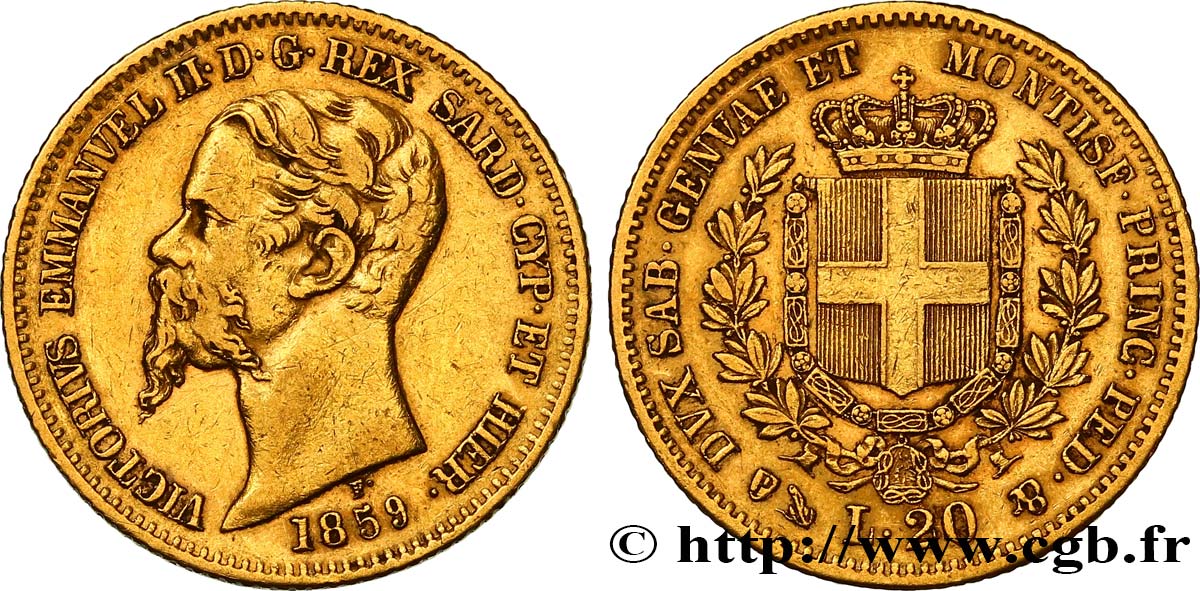 ITALIA - REINO DE CERDEÑA 20 Lire Victor Emmanuel II 1859 Gênes BC+ 