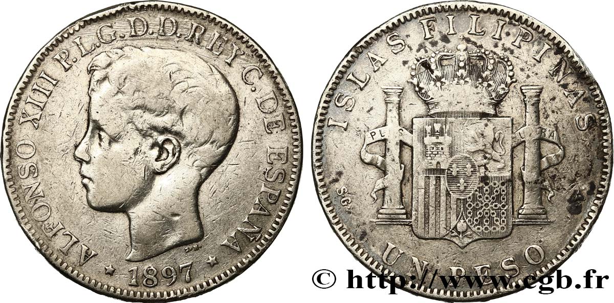 PHILIPPINEN 1 Peso Alphonse XIII 1897 Madrid S 