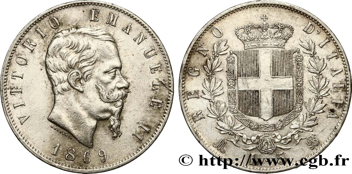 ITALIE 5 Lire Victor Emmanuel II 1869 Milan TTB+ 
