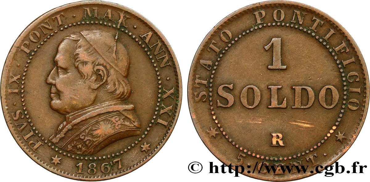 VATIKANSTAAT UND KIRCHENSTAAT 1 Soldo an XXI buste large 1867 Rome SS/VZ 