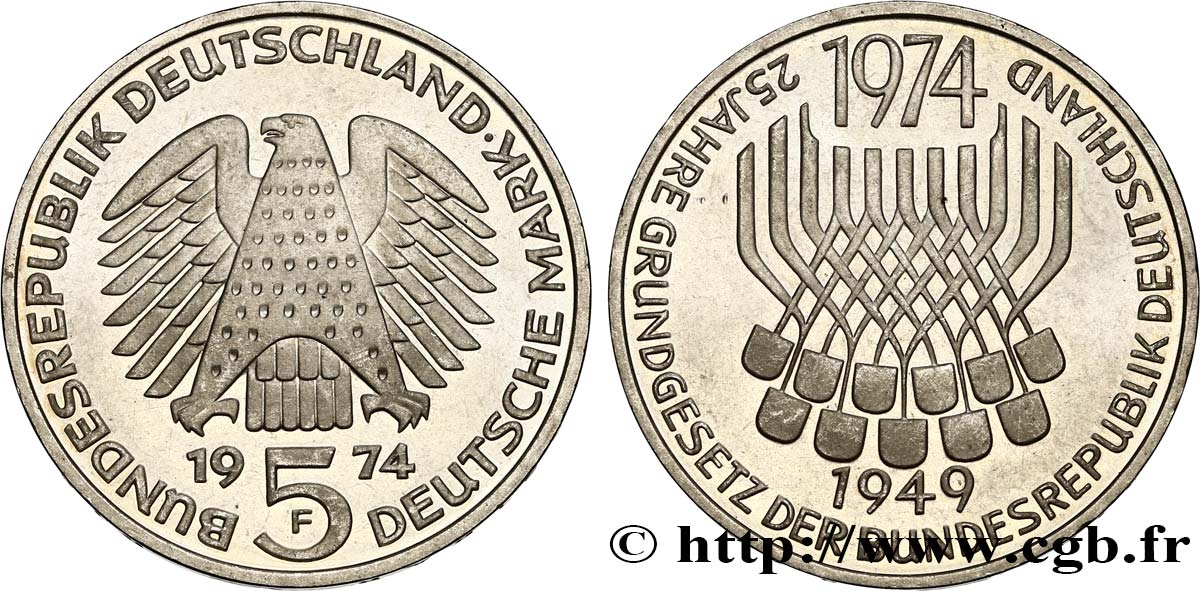 DEUTSCHLAND 5 Mark Proof 25e anniversaire de la République Fédérale 1974 Stuttgart fST 